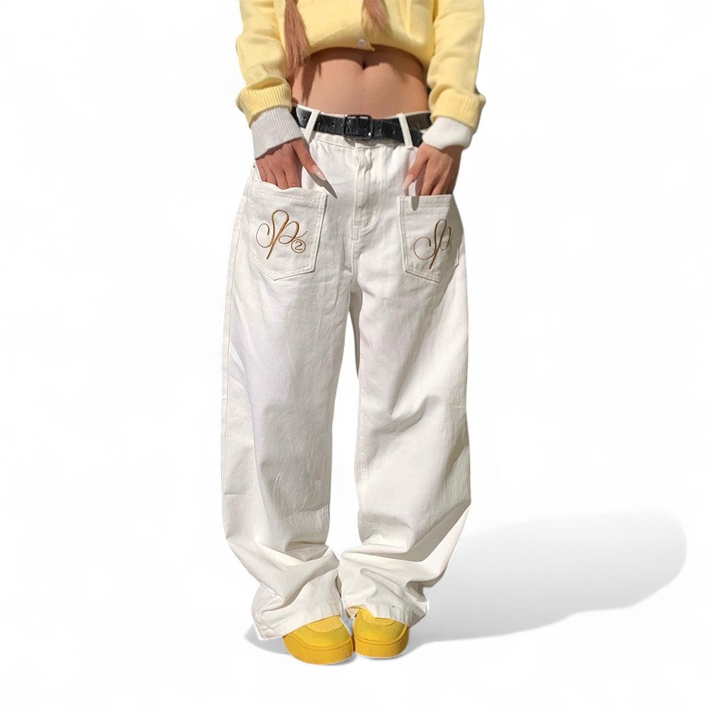 vintage letter wing embroidery drape, scimitar jeans