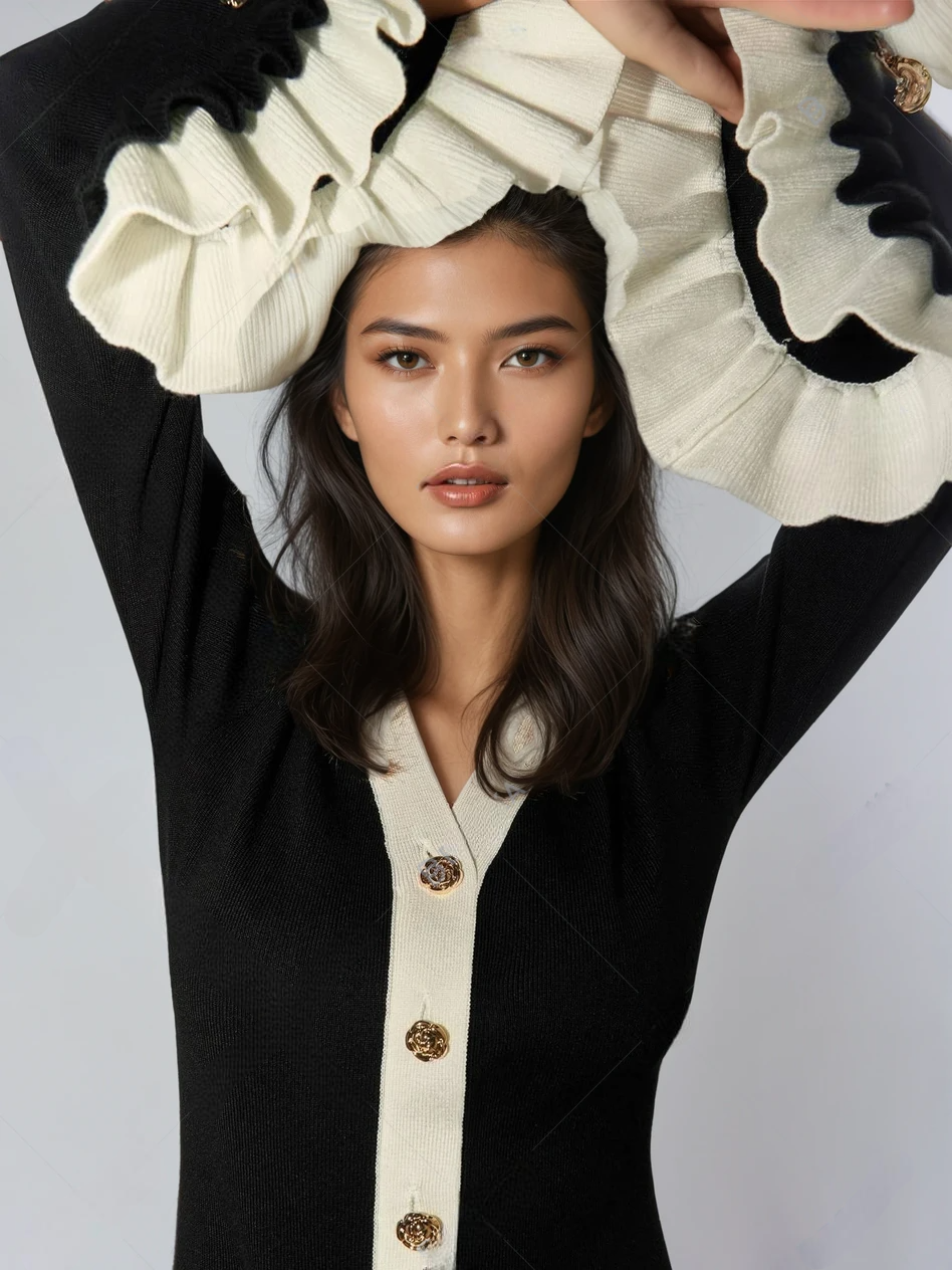 V-Neck Flare Sleeve Knit Sweater Dress with Contrast Buttons