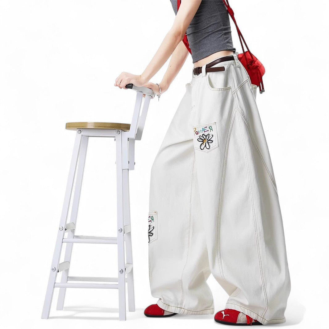 Vintage Flower Embroidery Print White Jeans