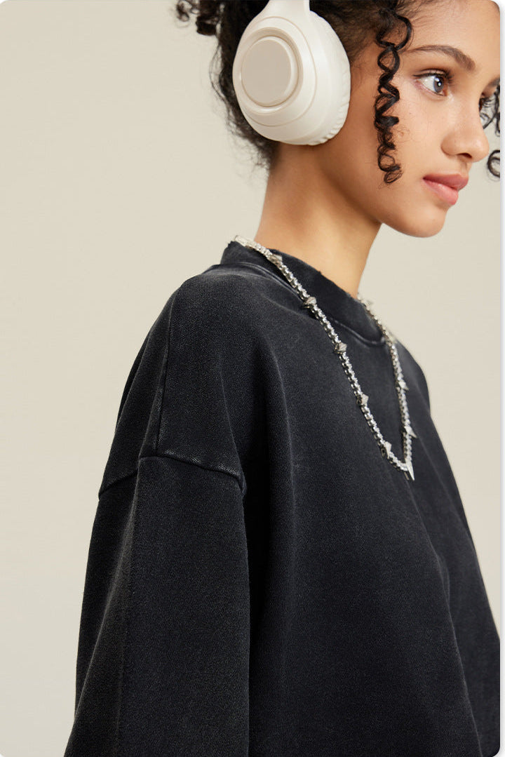 Black Two-Piece Set - Raw Hem Skirt & Cropped Long Sleeve Top with A-Line Skirt