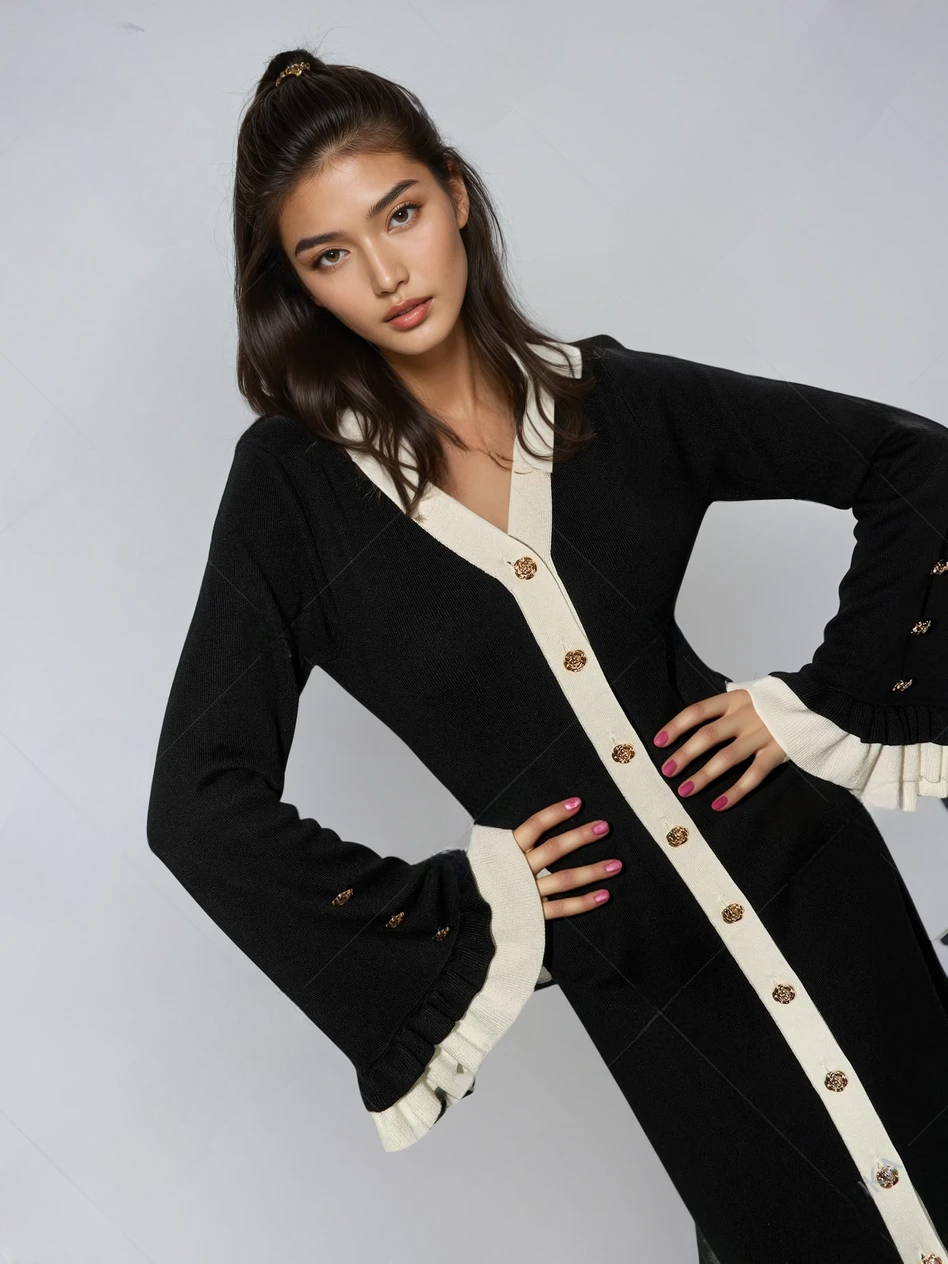 V-Neck Flare Sleeve Knit Sweater Dress with Contrast Buttons