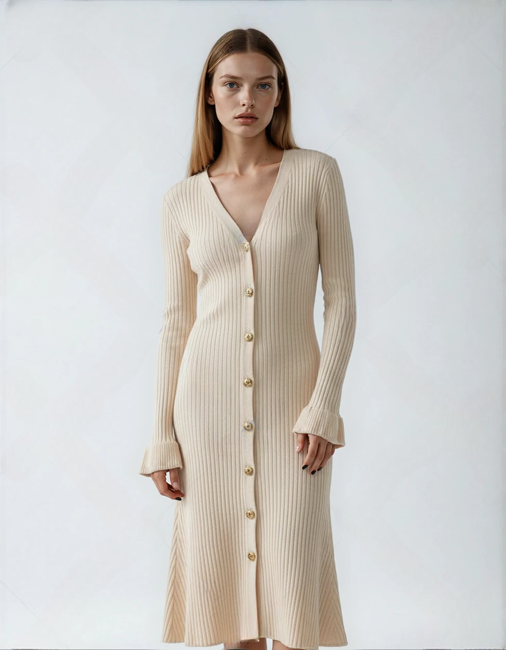 Fall French Elegant Bej V-Neck Slim Fit Dress with Glitter Thread