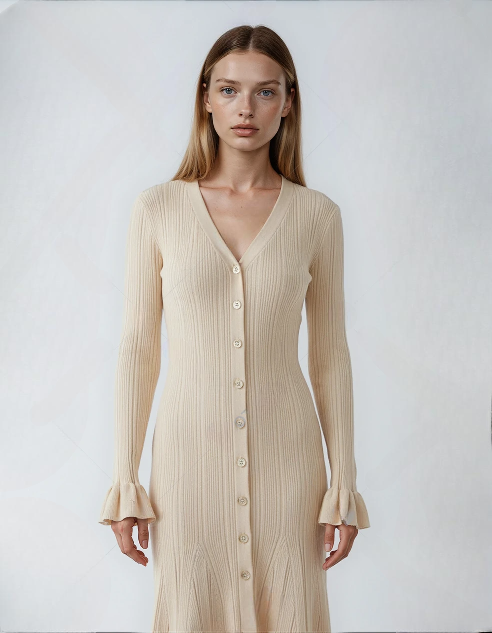 Fall French Elegant Bej V-Neck Slim Fit Dress with Glitter Thread