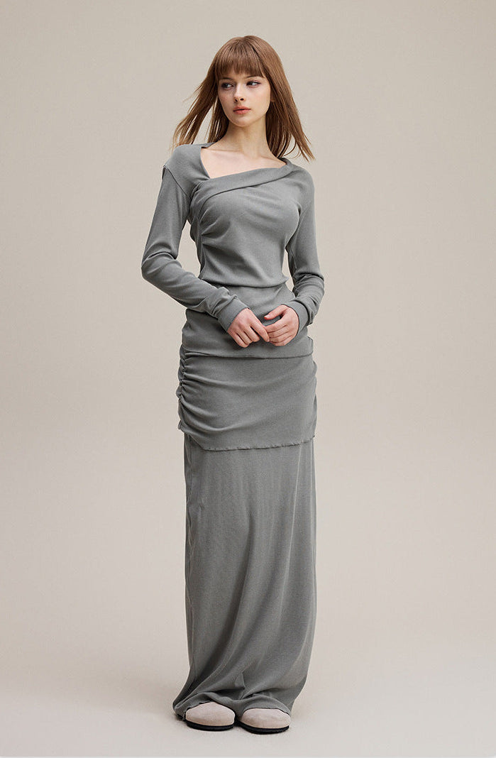 Grey Pure & Sexy Asymmetrical Off-Shoulder Waist-Cinching Long Sleeve Top and Maxi Skirt Set