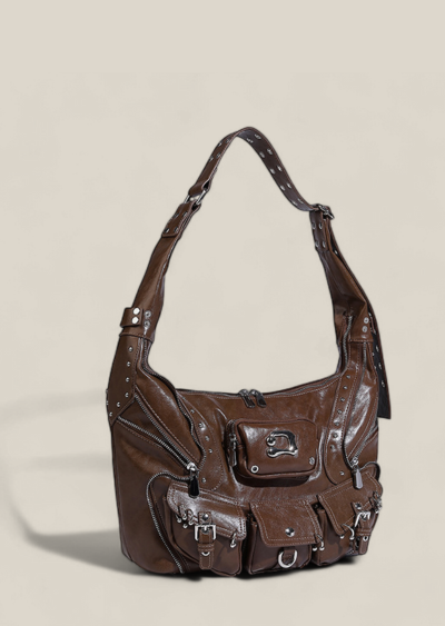 Brown Multi-Pocket Design, Heavy Rivet Details, Large Capacity Tote Bag