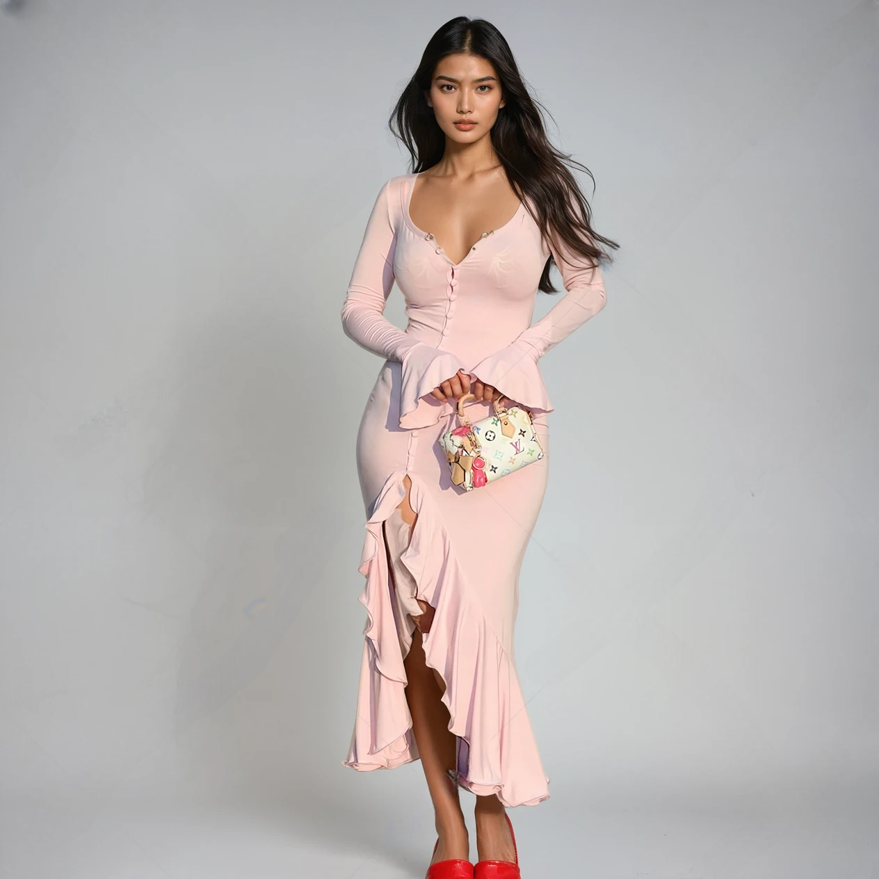Pink Sexy Slim Fit Flare Sleeve Buttoned Maxi Dress with Side Slit