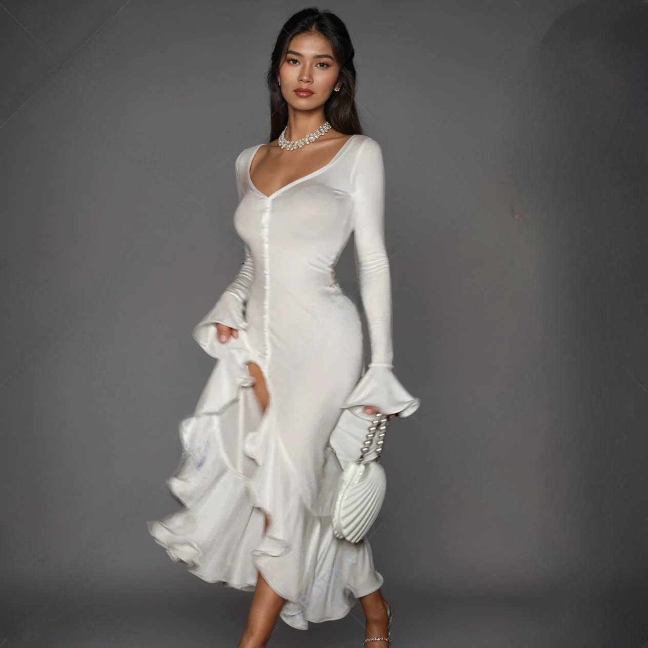 Sexy Slim Fit Flare Sleeve Buttoned Maxi Dress with Side Slit