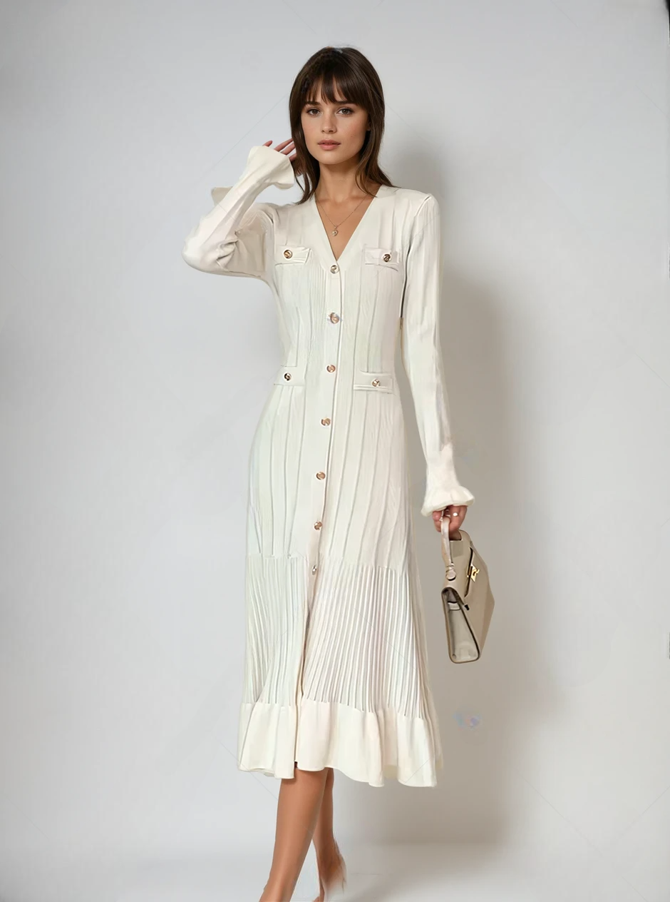 Bej Elegant French-Style Ruffled Knit Dress