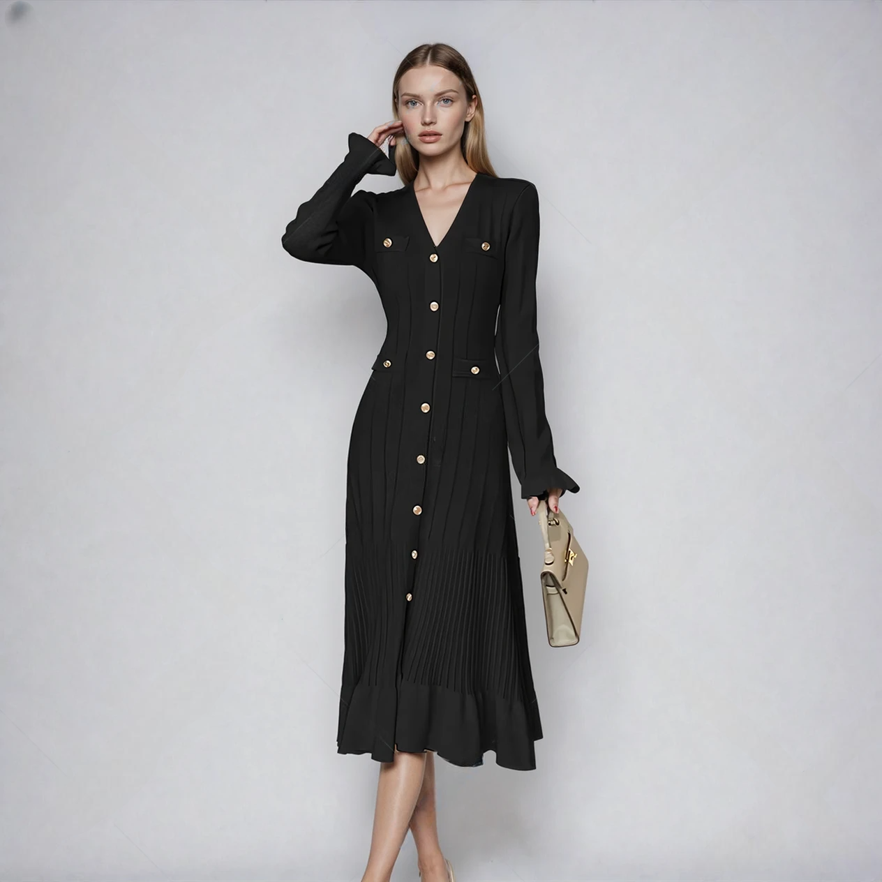 Black Elegant French-Style Ruffled Knit Dress