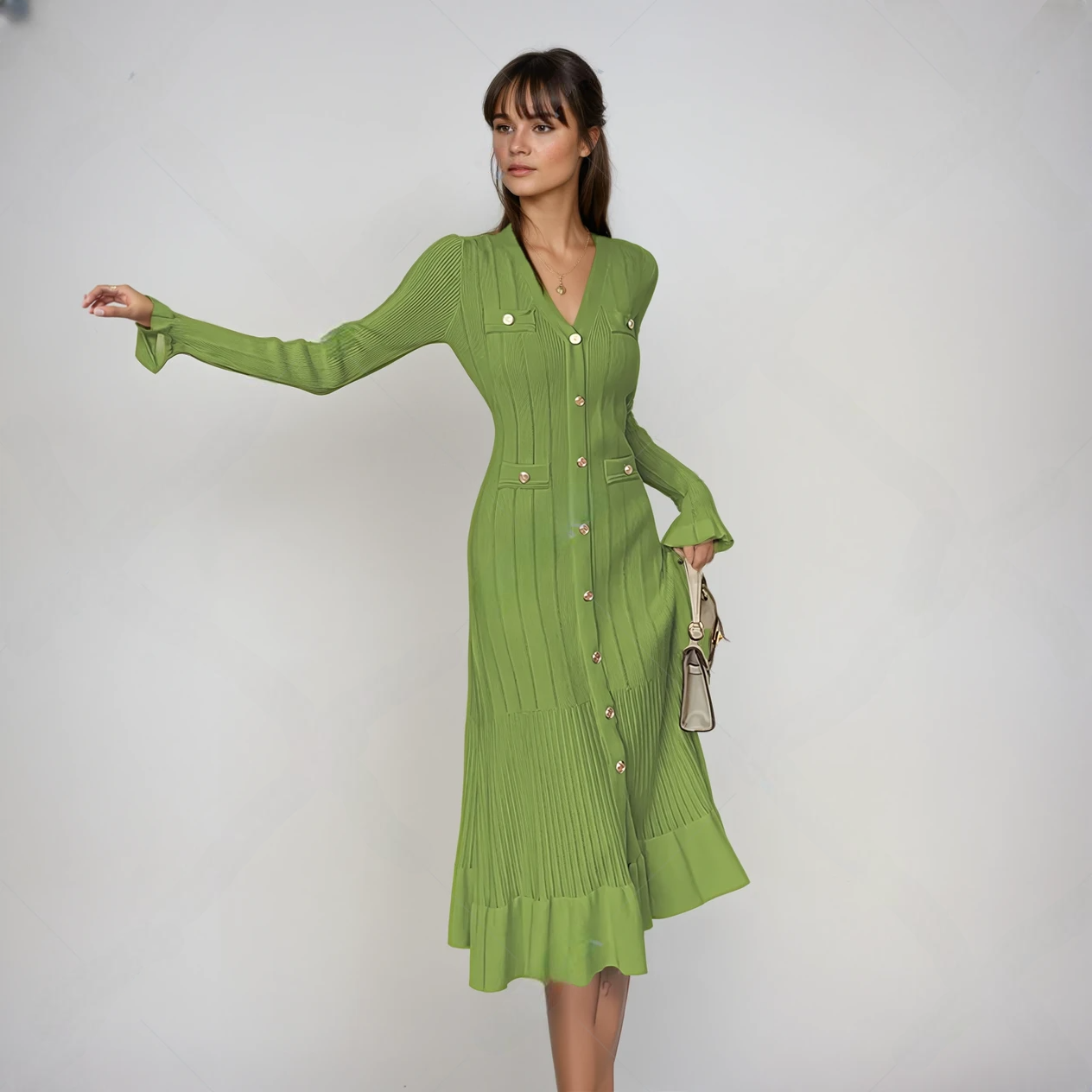 Elegant French-Style Ruffled Knit Dress