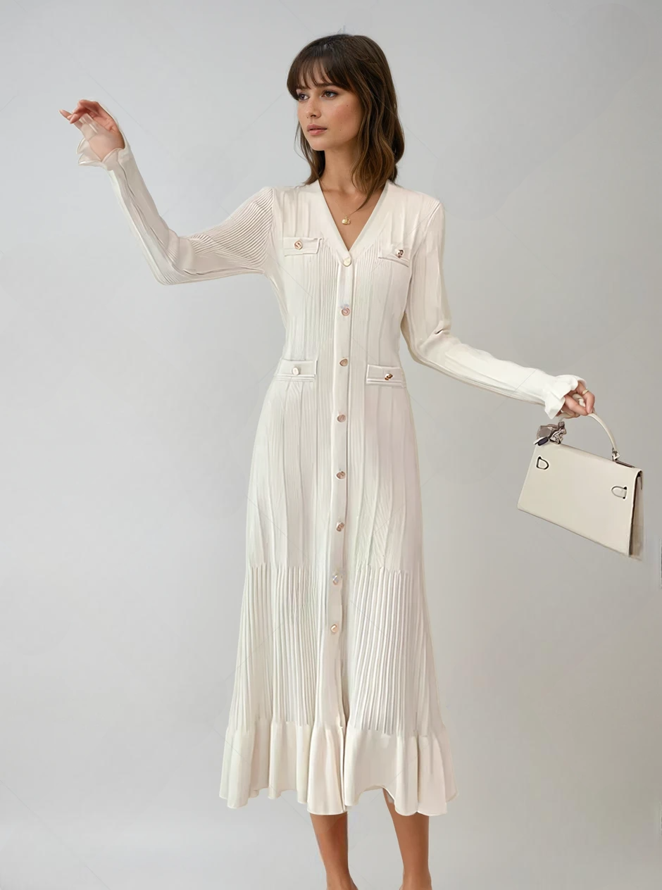 Bej Elegant French-Style Ruffled Knit Dress